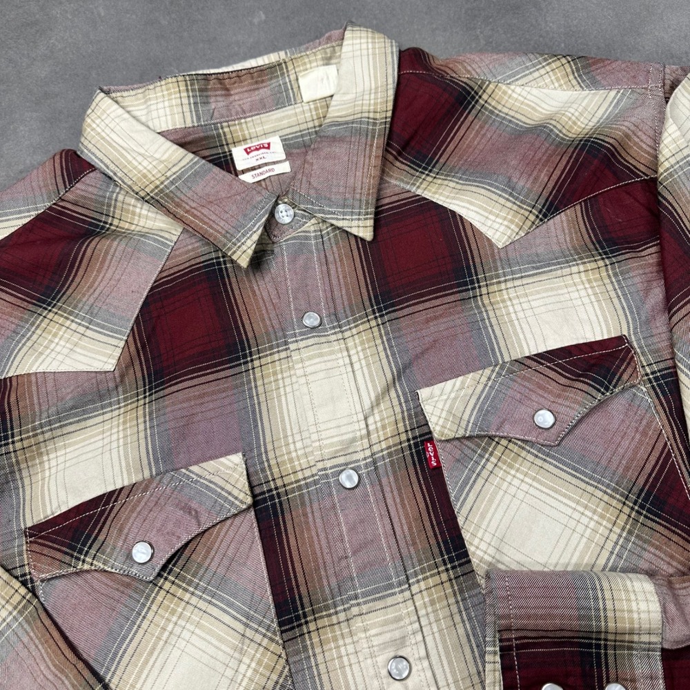 Levis Western Shirt Mens XXL Burgundy Plaid Pearl Snap Standard Excellent